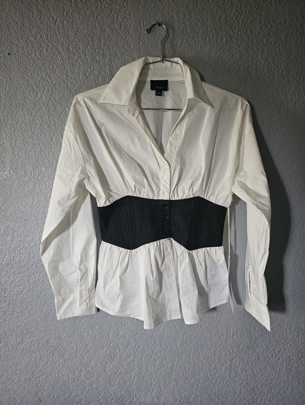 Lumiere White Button-Front Shirt with Black Waist Corset